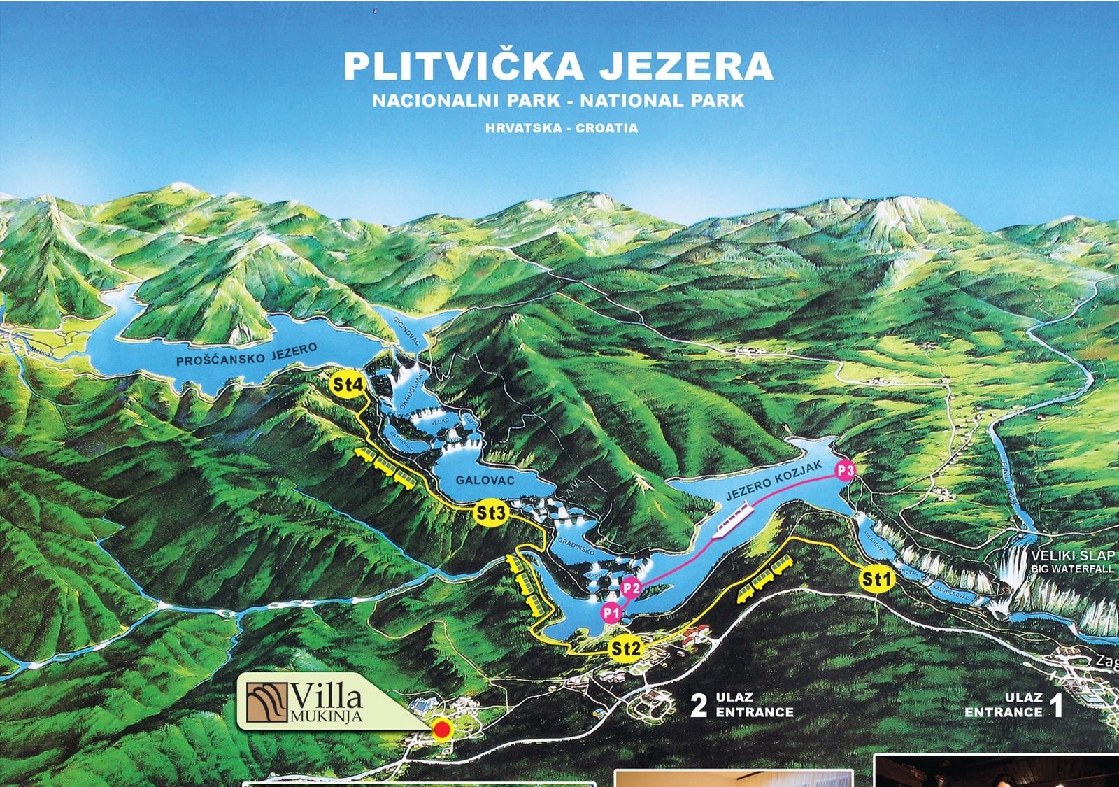 Hand-painted panoramic map of Plitvice Lakes National Park