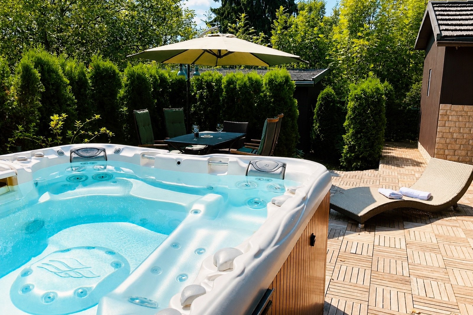 Sundance Maxxus 880 Außenwhirlpool neben der Gartenlounge
